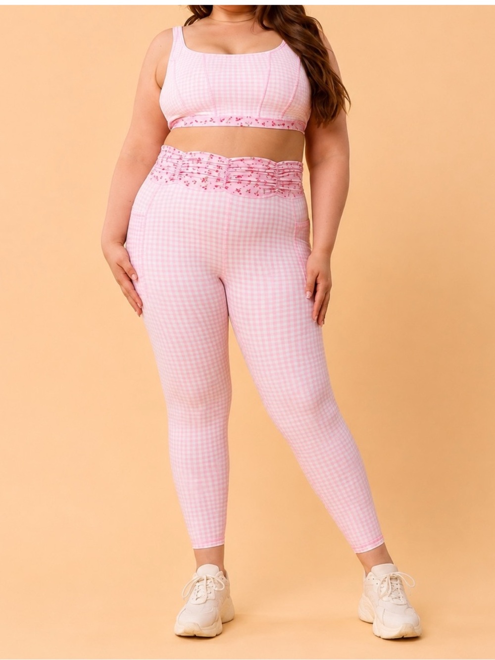 BLOGILATES❤️❤️High-Waist Pink Gingham Leggings with Ruched Waistband